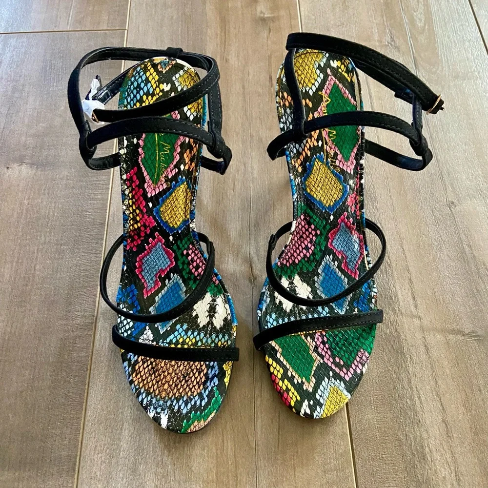 Anne Michelle Black Ankle Strap Snakeskin Heels